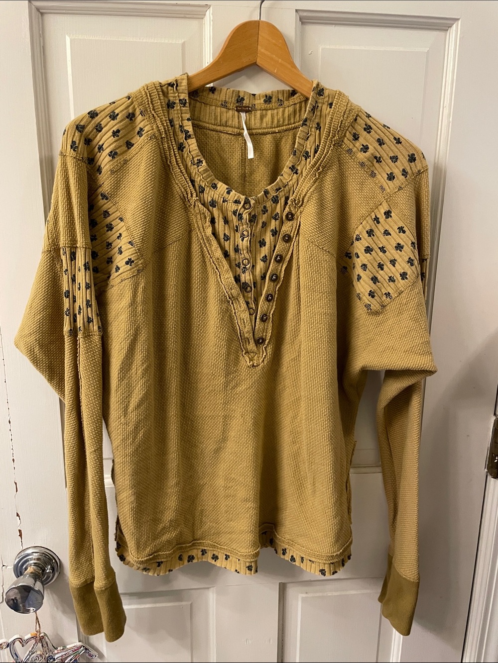 Free People Mustard Embroidered Henley Sweatshirt